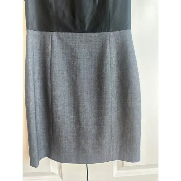 Theory Black Leather and Gray Wool Blend Cap Sleeve Knee Length Business Dress - Picture 4 of 6